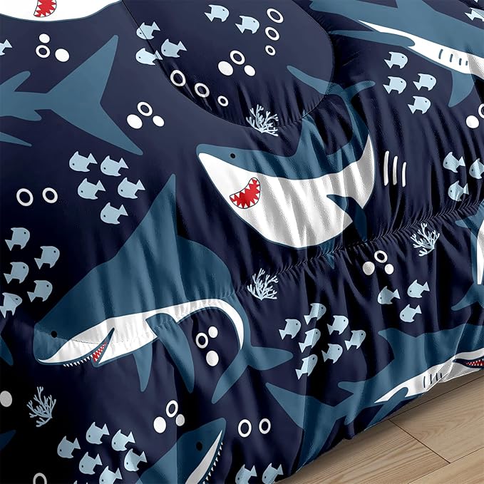Shark Bedding Set for Boys Bedroom - 3Pcs Full Size Cartoon Sharks Comforter Set for Boys Kids Drak Blue Sea Animal Theme Bedding Set for Kids Room Decor Sharks Pattern Comforter with 2 Pillowcases