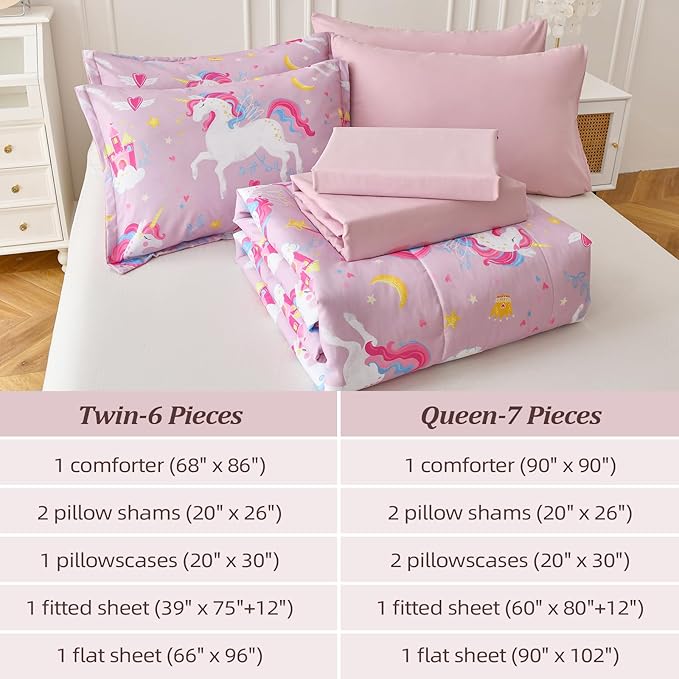 Queen Comforter Set for Girls, 7 Pieces Bed in a Bag with Shams, Sheet Set, Pink Unicorn Double Soft Microfiber Kids Comforter Bedding Set