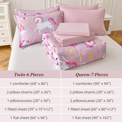 Queen Comforter Set for Girls, 7 Pieces Bed in a Bag with Shams, Sheet Set, Pink Unicorn Double Soft Microfiber Kids Comforter Bedding Set