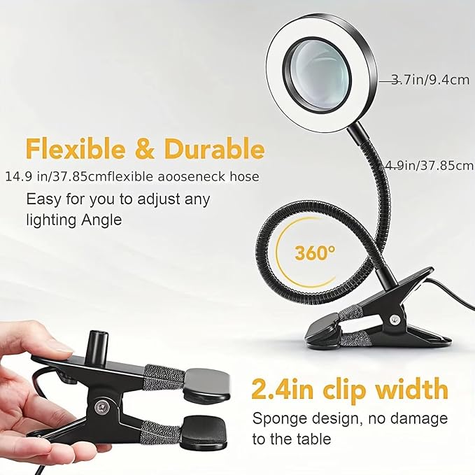 Magnifying Glass with Light and Stand 10X, Craft Lamp Adjustable Gooseneck Clip on Lamp 12W 3 Colors Dimmable LED Desk Lamp Lighted magnifying glass for Working,Studying Crafting Professionals