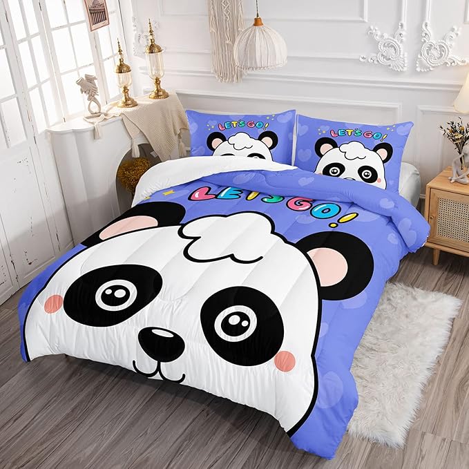 Datura home Panda Comforter Bedding Set for Boys Girls Kids Teens,Cartoon Panda Blue Heart Kawaii Animal Theme with 1 Comforter and 2 Pillowcases(Panda Queen)