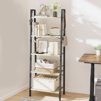 Ladder Shelf, Bookshelf Bookcase, Freestanding Corner Storage Shelve with 2 Hooks for Home Office, Living Room, Kitchen, Bedroom, Industrial, 5-Tier Greige BC19305B