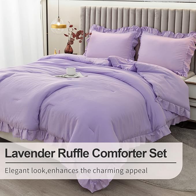 Andency Lavender Ruffle Comforter Queen(90x90Inch), 3 Pieces(1 Ruffled Comforter and 2 Pillowcases) Solid Farmhouse Shabby Chic Comforter, Vintage Rustic Soft Microfiber Bedding Set