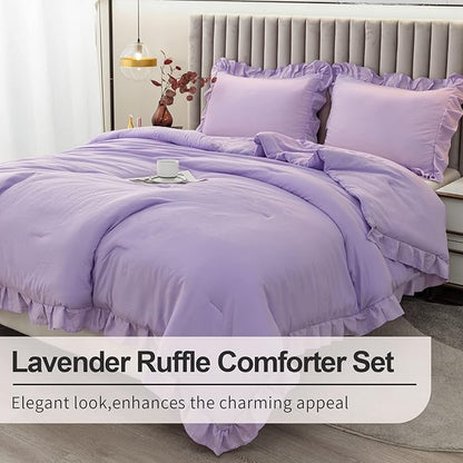Andency Lavender Ruffle Comforter Queen(90x90Inch), 3 Pieces(1 Ruffled Comforter and 2 Pillowcases) Solid Farmhouse Shabby Chic Comforter, Vintage Rustic Soft Microfiber Bedding Set