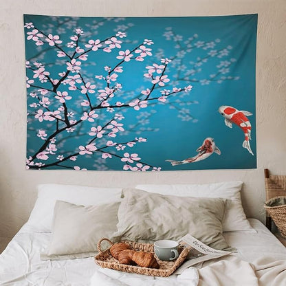 Houselerax Japanese Koi Fish Tapestry, Cherry Blossoms Asian Oriental Green Teal Flower Branch Koi Fish Carp Tapestries Wall Hanging for Bedroom Living Room Office Decor 90"x60"