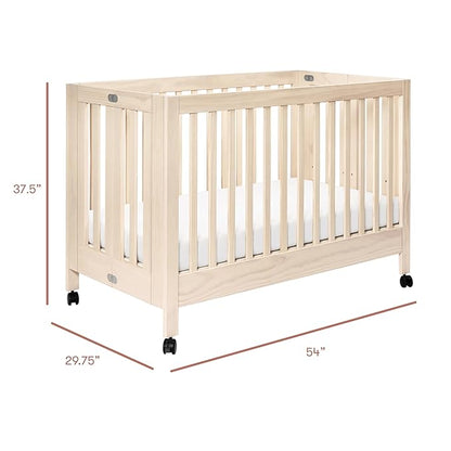 Babyletto Maki Full-Size 2-in-1 Portable Folding Crib with Toddler Bed Conversion Kit in Washed Natural, Greenguard Gold Certified