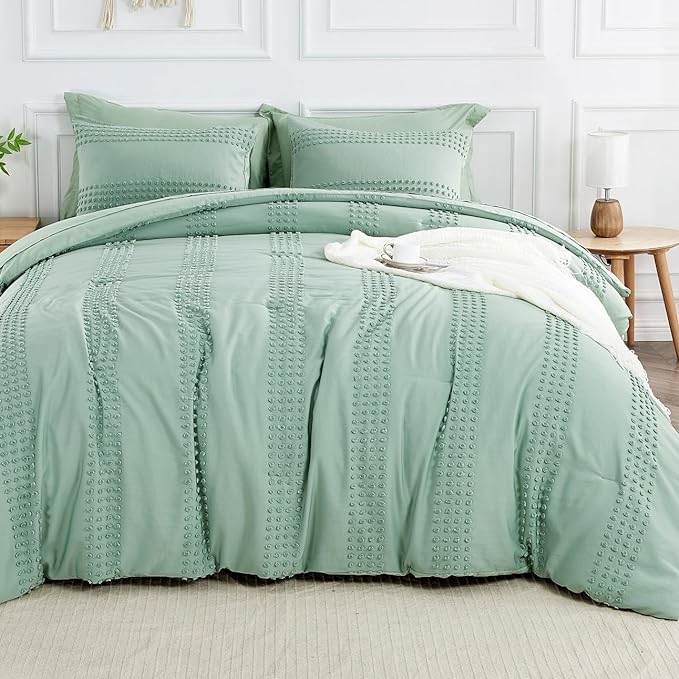 ENJOHOS Sage Green Queen Comforter Set - Boho Bedding Sets Queen Size, 3 PCS Tufted Comforter with Pom Pom Design for All Season, Lightweight Soft Microfiber Cooling Comforter with 2 Pillow Cases