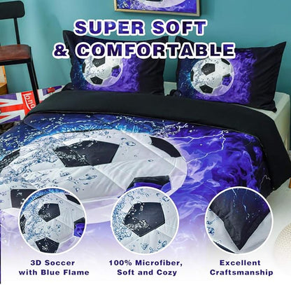 Andency 3D Soccer Comforter Full(79x90 Inch), 3 Pieces(1 Soccer Comforter, 2 Pillowcases) Sport Microfiber Soccer Comforter Set Bedding Set for Boy Kids Teens