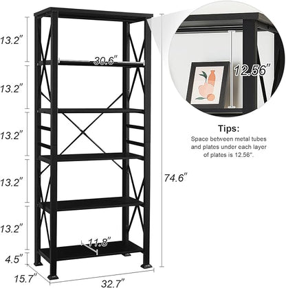 HOMBAZAAR Bookshelf, 6-Tier Industrial Bookshelf, Etagere Bookcases and Bookshelves, Tall Bookshelf Storage Organizer, Freestanding Bookshelf for Living Room, Bedroom and Home Office，Black