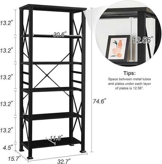 HOMBAZAAR Bookshelf, 6-Tier Industrial Bookshelf, Etagere Bookcases and Bookshelves, Tall Bookshelf Storage Organizer, Freestanding Bookshelf for Living Room, Bedroom and Home Office，Black