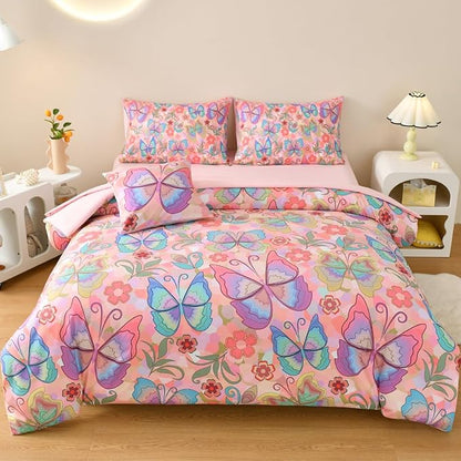 Butterfly Bedding Set Full, Pink Butterfly Comforter Set for Girls Kids Teens 6 pcs Bed in a Bag Full Bedding Sets for Girls