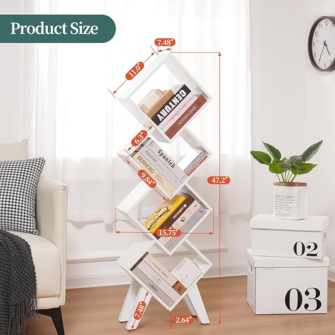Yoobure White Bookshelf, Wood Small Bookcase 4-Tier Book Shelf, Tall Bookcases Book Organizer, Modern Bookshelves Floor Standing for CDs/Books in Small Spaces, Living Room, Home Office, Bedroom
