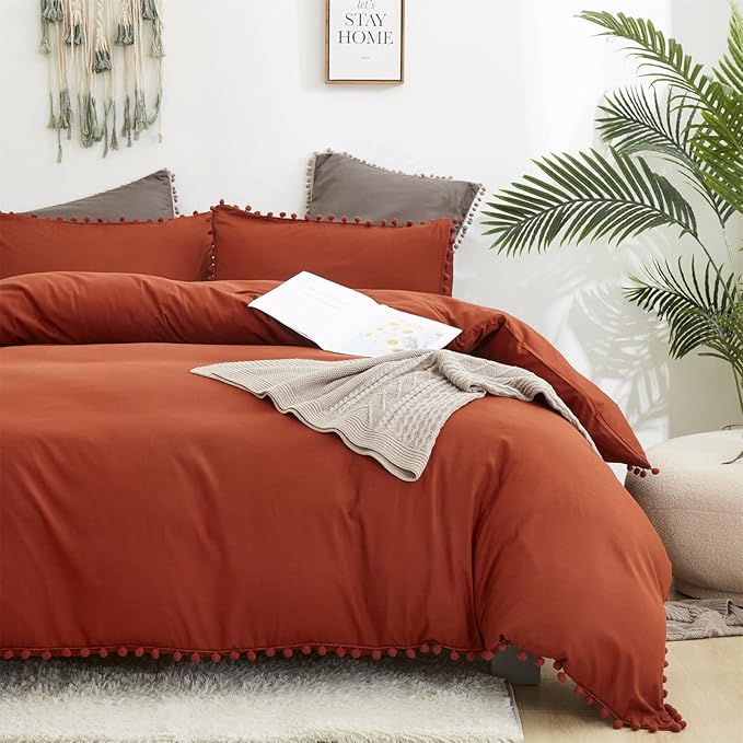 Burnt Orange Comforter Set King Size Rust Pom Comforter 3 PCs Burnt Orange Boho Ball Pom Fringe King Comforter Bedding Set Women Solid Terracotta King Bed Comforter Set All Season Gift