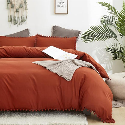 Burnt Orange Comforter Set Full Size Rust Pom Comforter 3 PCs Burnt Orange Boho Ball Pom Fringe Full Comforter Bedding Set Women Solid Terracotta Full Bed Comforter Set All Season Gift