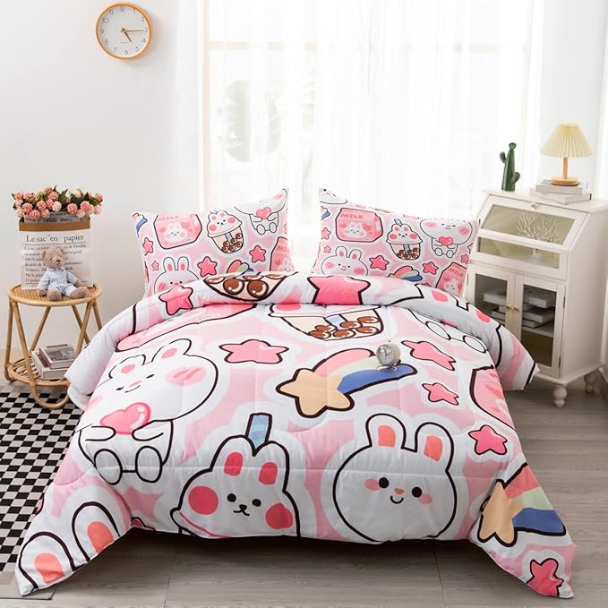 CVHOUSE Kawaii Bedding Twin Size,Kawaii Rabbit Bedding Set for Girls Kids,Cute Rabbit Comforter Set Kawaii Rabbit Duvet Set Rabbit Pattren Quilt Set Girls Room Decor 3 Pieces