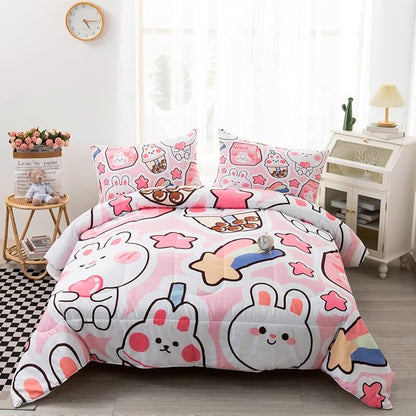 CVHOUSE Kawaii Bedding Queen Size,Kawaii Rabbit Bedding Set for Girls Kids,Cute Rabbit Comforter Set Kawaii Rabbit Duvet Set Rabbit Pattren Quilt Set Girls Room Decor 3 Pieces
