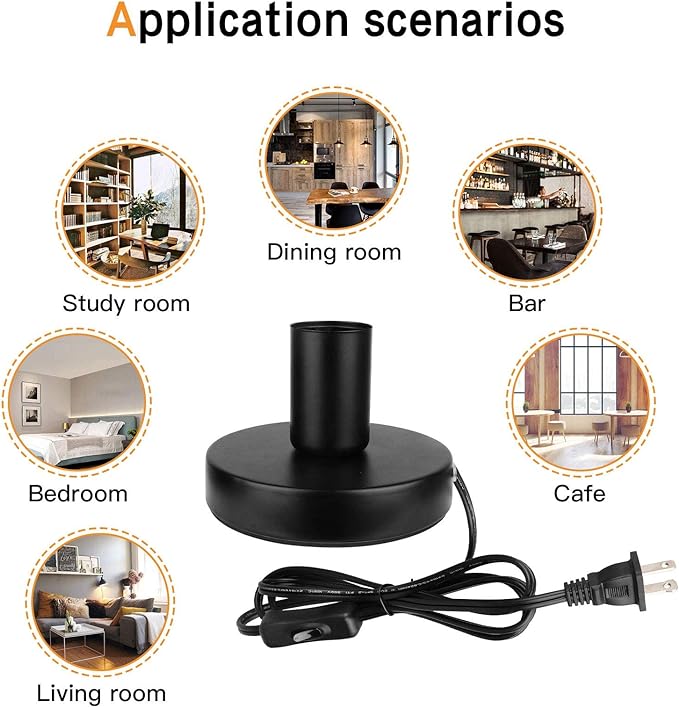 Industrial Table Lamp,Base E26/E27 Ceramic Base Holder, Vintage Small Desk Lamp with Plug in Cord On/Off Switch,Simple Metal Edison Light Bulb Stand (Black)