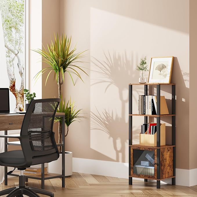 TUTOTAK 4 Tier Bookcase and Bookshelf, Narrow Book shelf with Door for Small Space, for Living Room, Office, Study, Entryway, Brown BS03BB004