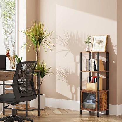 TUTOTAK 4 Tier Bookcase and Bookshelf, Narrow Book shelf with Door for Small Space, for Living Room, Office, Study, Entryway, Brown BS03BB004