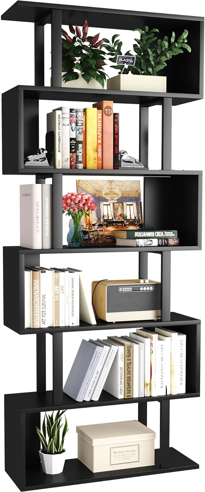 Yusong S Shaped Bookshelf, Modern Geometric Bookcase, 6-Tier Black Display Case Book Shelf