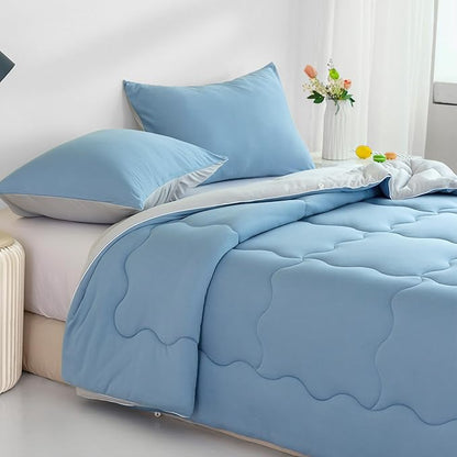 COTTEBED Reversible Blue and Light Gray Bed Comforter Queen Sets, Jersey Knit T-Shirt Feel Ultra-Soft Lightweight Breathable Cozy Bedding Down Quilt Blanket & 2 Pillowsham All Season Use (Full/Queen)