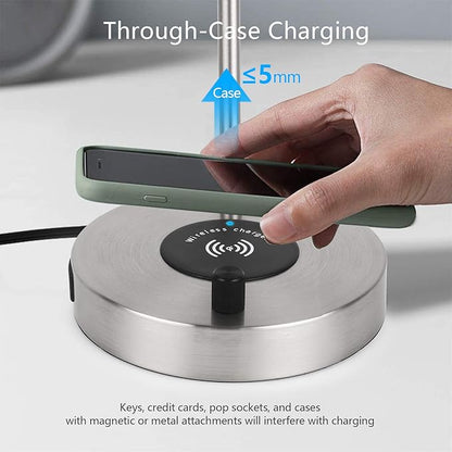 USB Desk Lamp – Table Lamp with Wireless Charging Pad and USB Port, Edison Bedside Nightstand Lamp with Metal Base for Guestroom Bedroom Living Room Office, Satin Nickel