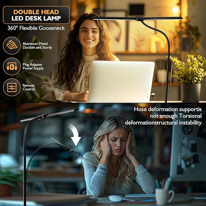Desk Lamp,20W Ultra Bright Auto Dimming Desk Light Stepless Dimming and Tempering LED Desk Lamp,Dual Screen Computer Monitor Gooseneck Smart Light,5 adjustable lighting modes for Office Home