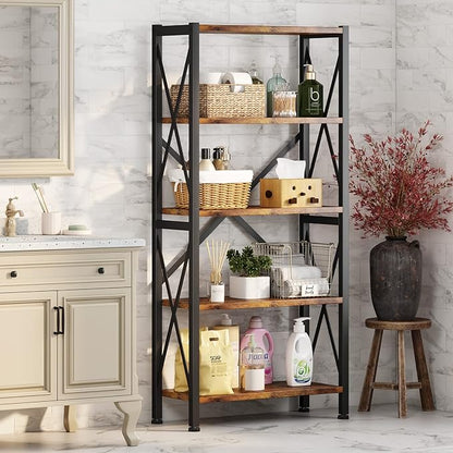 5-Tier Bookshelf,Wood Bookcase,Book Shelf with Steel Frame, Storage Rack with Open Shelves, Rustic Standing Bookshelves Ladder Shelf 110lbs/shelf for Bedroom,Living Room and Home Office