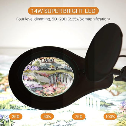 Bifocals LED Magnifying Lamp with Clamp, 5 Diopter with 20 Diopter, 5 Inch Magnifier Glass Lens, 1200 Lumens Dimmable Magnifier Lamp for Desk Craft Hobby with 60PCS Bright LEDs