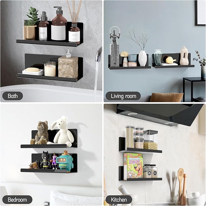 Acrylic Floating Shelves for Wall No Drilling, Self Adhesive Space-Saving Shelves, 12 Inch Floating Shelf Stick on Wall Shelf, for Bathroom, Kitchen, Bedroom, Office, Gaming Room, Black