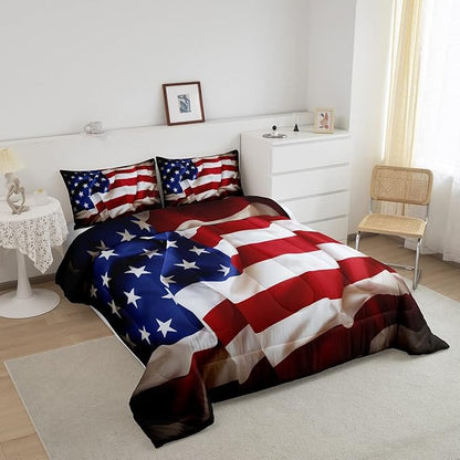 Erosebridal American Flag Comforter Set, United States Down Comforter Queen Size for Kids Boys Teens, USA Federations Stars Bedding Set Geometric Stripes Quilted Duvet for Bedroom, Blue White and Red