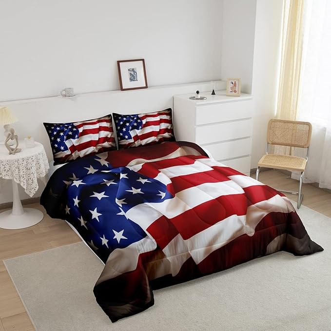 Erosebridal American Flag Comforter Set, United States Down Comforter King Size for Kids Boys Teens, USA Federations Stars Bedding Set Geometric Stripes Quilted Duvet for Bedroom, Blue White and Red