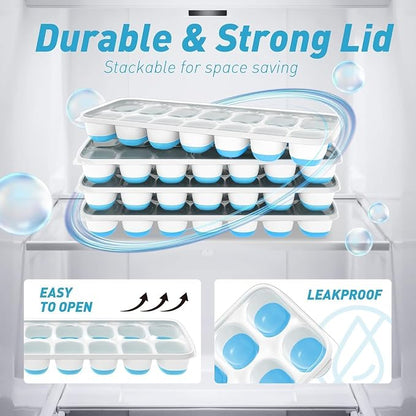 ChefAide Ice Cube Tray with Lid and Bin, 3 Packs 42 Cubes Silicone Plastic Ice Cube Trays for Freezer, Stackable Ice Tray with Container, Ice Scoop for Drinks, Coffee and Cocktails
