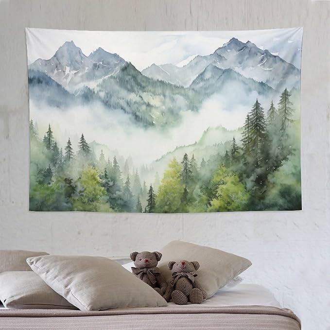 HZOHNAGO Mountain Tapestry Misty Green Forest Mountain Pattern Printed Wall Tapestry Wall Hanging for Bedroom Living Room Dorm 90" W x 60" H