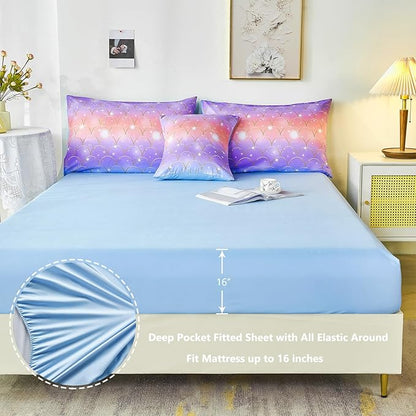PERFEMET Purple Mermaid Twin Comforter Set for Girls, 6 Pieces Colorful Rainbow Twin Bedding Sets, Tie Dye Ombre Glitter Bed in A Bag Comforter Set with Sheets