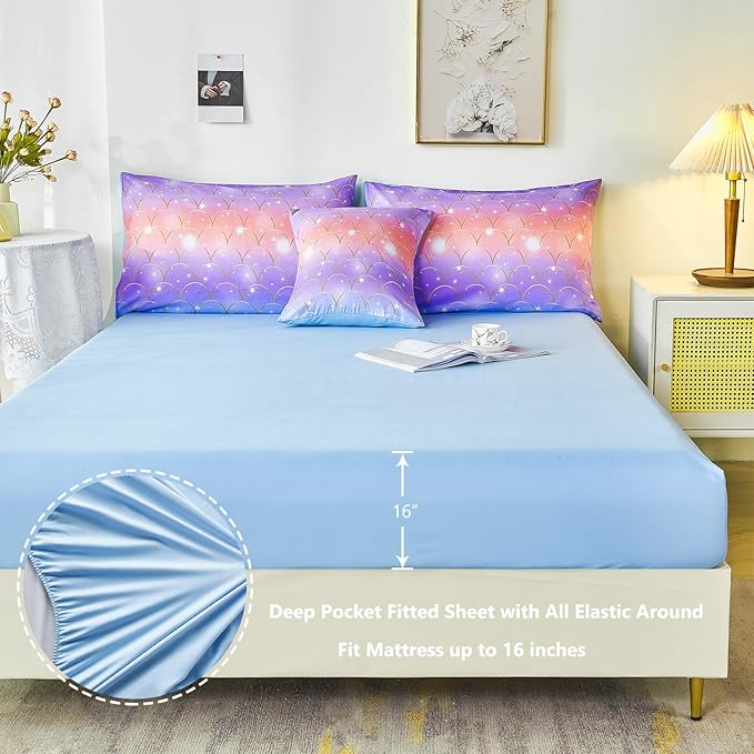 PERFEMET Full Size Mermaid Comforter Sets 6 Pieces Purple Ombre Girls Bedding Sets Tie Dye Rainbow Glitter Bed in A Bag for Kids Teens Girls Women