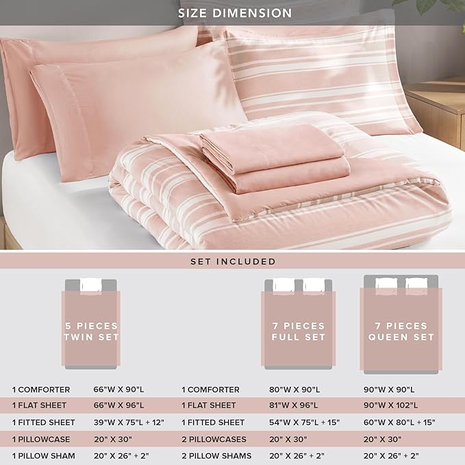 Codi Bed in a Bag Twin Size Complete Set, Pink and White Striped Single Comforter Set 5 Piece for Teen Girls, Modern Neutral Cationic Dyeing Bed Sets with Comforter, Sheets, Pillowcases & Shams