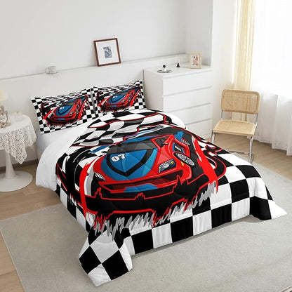 Red Race Car Bedding Set Twin Size Cool Racing Car Comforter Set Competition Extreme Sports Game Down Comforter For Kids Boys Girls Teens Bedroom Decor Plaid Pattern Duvet Insert With 1 Pillowcase