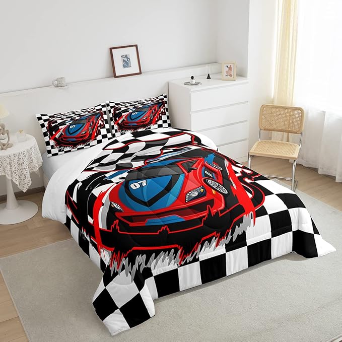 Racing Car Comforter Set Full Size, Cool Speed Race Car Down Comforter For Kids Boys Teens Bedroom, Automobile Extreme Sport Quilted Duvet White Black Grid Buffalo Comoforter With 2 Pillow Cases