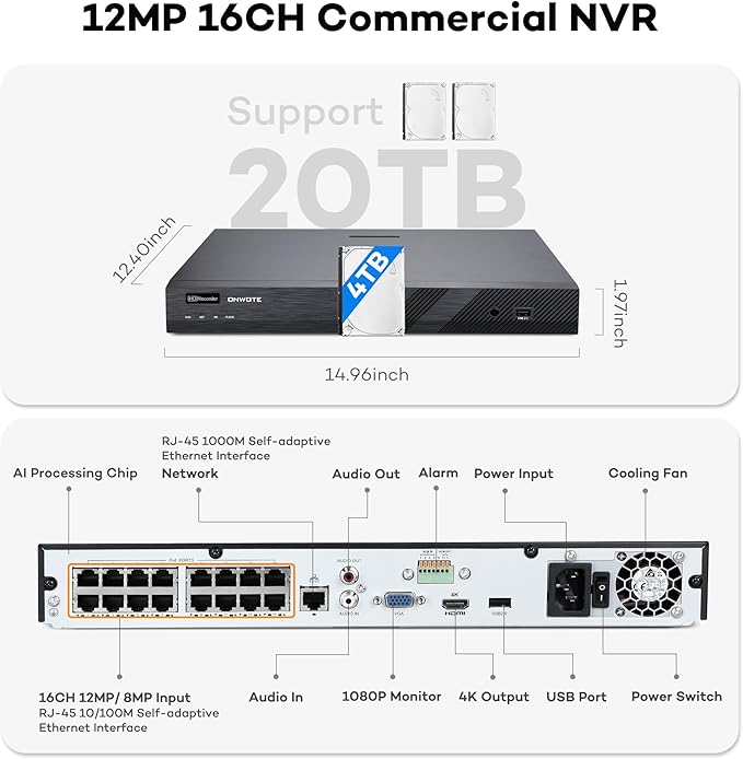 ONWOTE NVR PoE Security Camera System 4K, 16 Channel 12MP Commercial NVR 4TB, 8X 8MP Wired Outdoor IP Cameras, 134° FoV, AI Detection, 24/7 Video Audio Recording, CCTV Surveillance for Home Business