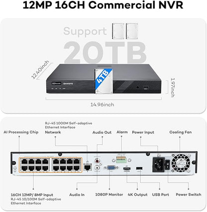 ONWOTE NVR PoE Security Camera System 4K, 16 Channel 12MP Commercial NVR 4TB, 8X 8MP Wired Outdoor IP Cameras, 134° FoV, AI Detection, 24/7 Video Audio Recording, CCTV Surveillance for Home Business