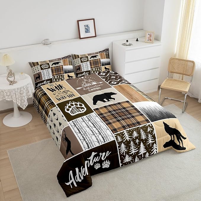 Rustic Farmhouse Kids Comforter Set Queen Size,Deer Antlers Bear Paws Plaids Patchwork Bedding Set for Boys Girls Adults Room Decor,Pine Trees Xmas Down Comforter,Brown Duvet Insert,2 Pillowcases