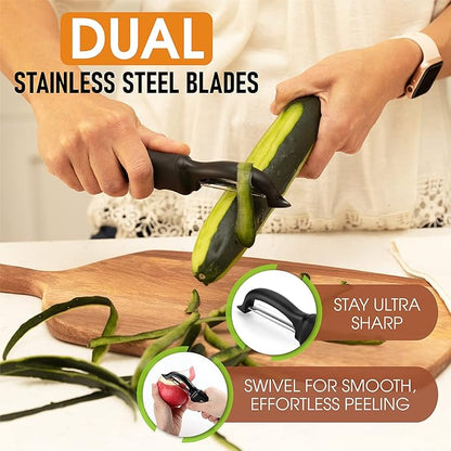 Spring Chef Swivel Vegetable Peeler with Soft Grip Handle, Set of 2, Black | Premium Potato Peeler w/ Ultra Sharp Stainless Steel Blades, Multifunctional Veggie Peeler for Apple, Carrot, Cucumber, Fruit