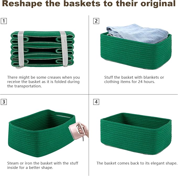 3 Pack Small Storage Baskets for Organizing, Cute Woven Decorative Gift Baskets for Shelves, Mini Closet Organizer Bins with Handles, 11.81''Lx7.87''Wx4.72''H-Green