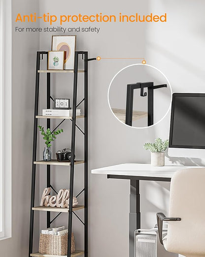Ladder Shelf, Bookshelf Bookcase, Freestanding Corner Storage Shelve with 2 Hooks for Home Office, Living Room, Kitchen, Bedroom, Industrial, 5-Tier Greige BC03205B