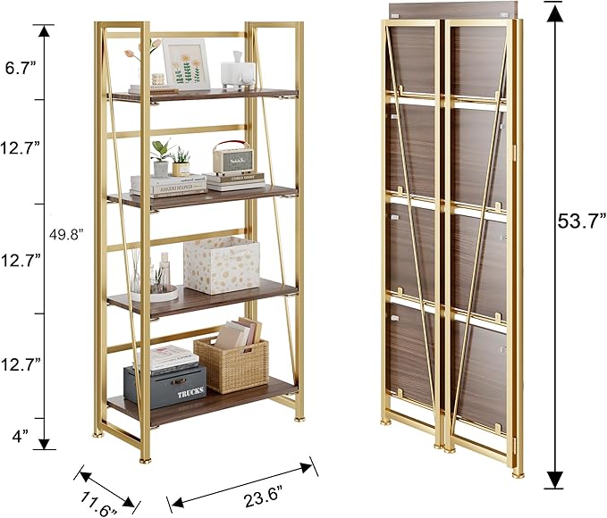 No-Assembly Folding Gold Bookshelf Storage Shelves 4 Tiers Vintage Multifunctional Plant Flower Stand Storage Rack Shelves Bookcase for Home Office