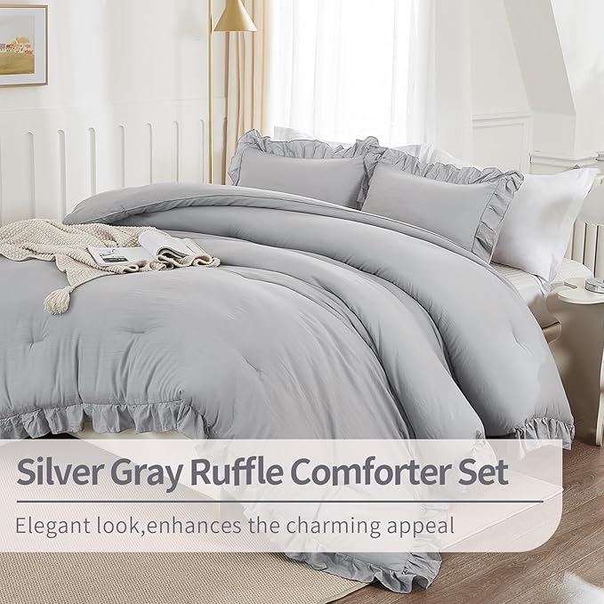 Andency Silver Gray Comforter Set Queen Size, 3 Pieces Shabby Chic Ruffle Bedding Comforter Sets for Queen Bed, Lightweight Fluffy Soft Microfiber Farmhouse Comforter Set