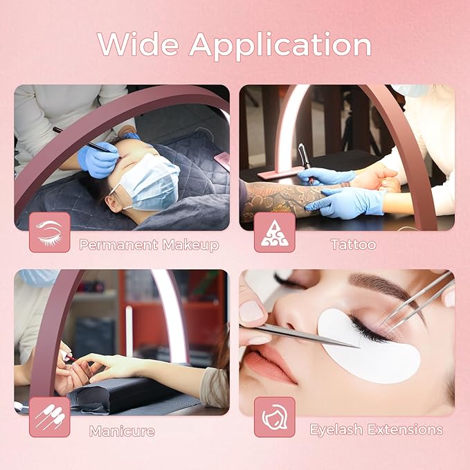 Charme Princesse 30in Half Moon Lamp 48W Half Moon Nail Desk Lamp 1600 Lumen LED Lash Light 3 Color Temperature Lash Lamp for Lashes Eyelash Extensions Tattoo Skin Care (Pink) M18S-14-US