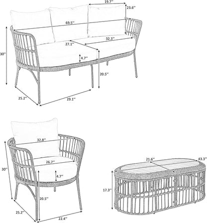 Furniture 4-Piece Outdoor Patio Conversation Seating for 5 Person and Coffee Table, Rattan Chair Wicker Sofa Bistro Sets for Porch, Backyard and Garden, Brown