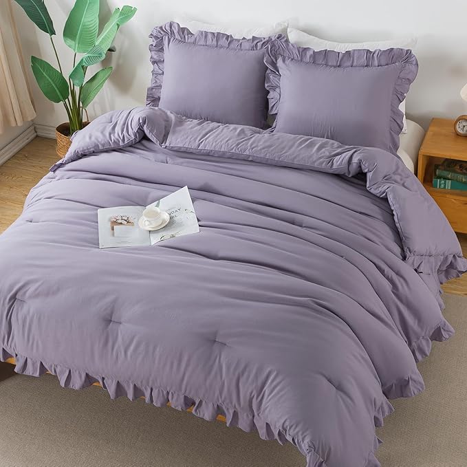 Andency Grayish Lavender Purple King Comforter Set, 3 Pieces Solid Ruffle Bedding Set & Collections, Lightweight Fluffy Soft Microfiber All Season Shabby Chic Bedding Set
